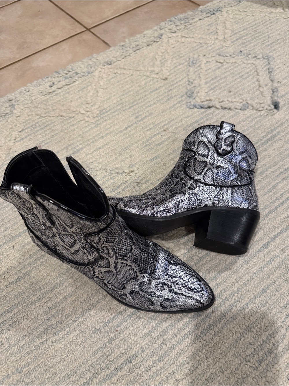 Snake-Print Ankle Booties in Silver and Black